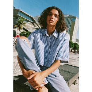 Zara Cropped Quilted Short Sleeve Shirt Size Medium Striped Fisherman Nautical